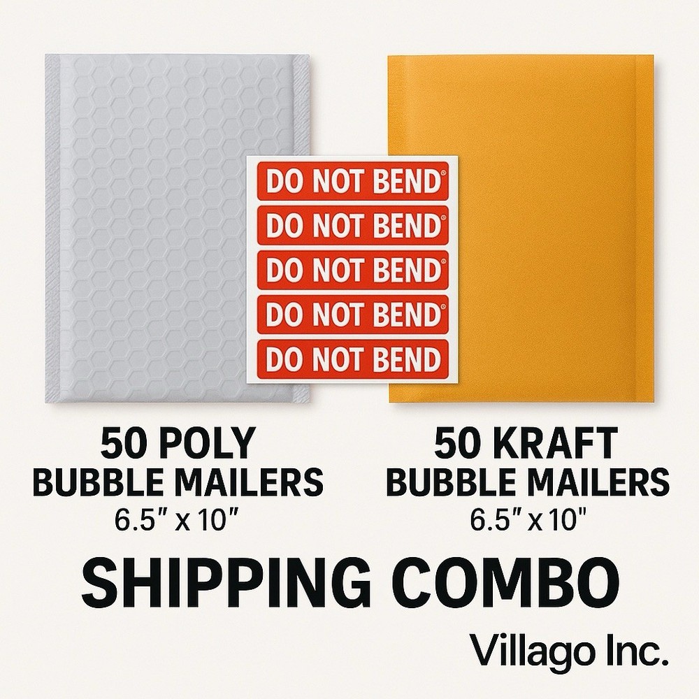 50 Poly + 50 Kraft Bubble Mailers 6.5×10 + 100 Stickers | Shipping Combo
