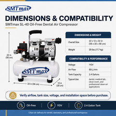 Oil-Free Dental Air Compressor 9L 110V Quiet 48dB 3.1 CFM SMTmax SL-40