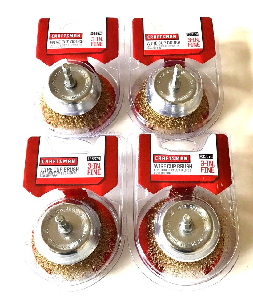 4 CRAFTSMAN 3″ FINE WIRE CUP BRUSH WHEELS 1/4″ QUICK CHANGE HEX SHANK 935678