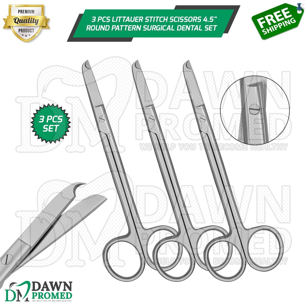 3 Pcs Littauer Stitch Scissors 4.5″ Round Pattern Surgical Dental Instrument Set