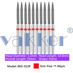 Vakker 10pc/pk Dental Diamond Burs Flame Shape Diamond Bur