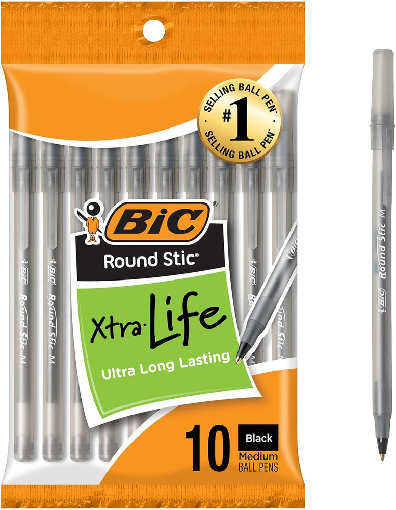 Round Stic Xtra Life Black Ballpoint Pens, Medium Point (1.0mm), 10-Count Pack o