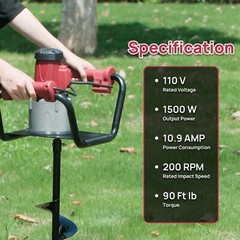 DC HOUSE 1500W Electric Post Hole Digger Tools with 6″ Digging Extension Rods