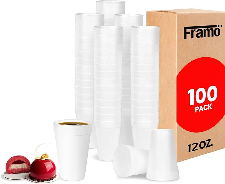 Framo 12 Oz Foam Coffee Cups, Disposable Insulated Hot 12 Ounces, 100 Pack