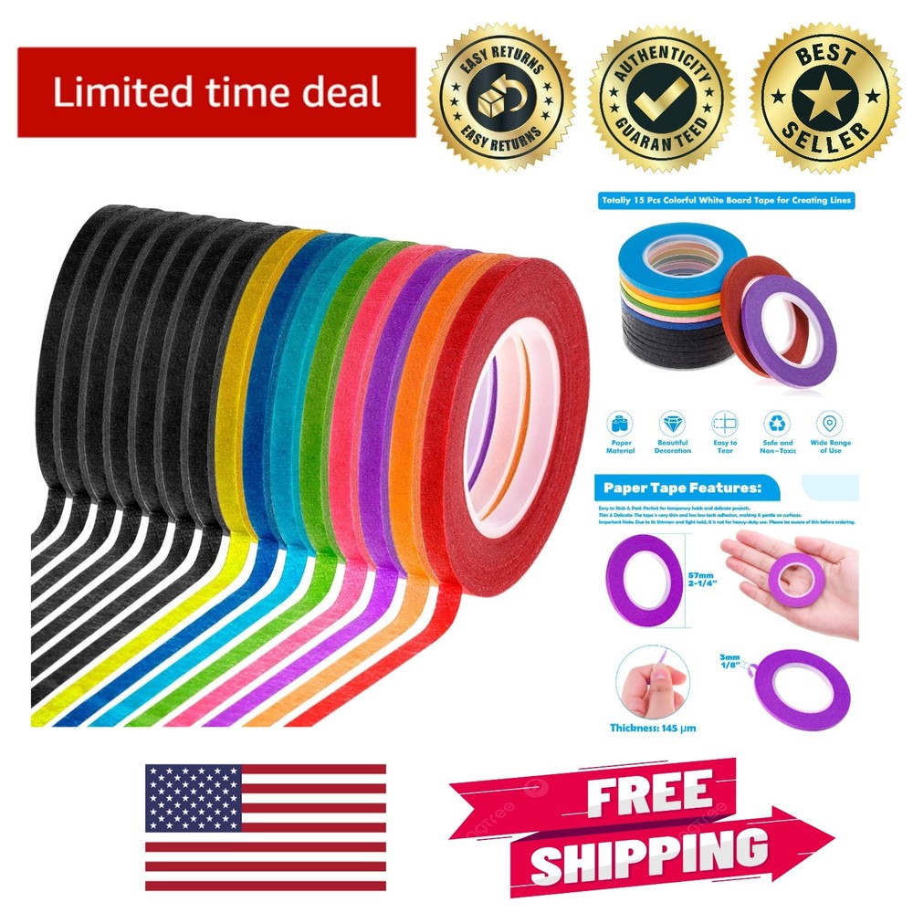15 Rolls of Assorted Color Whiteboard Tape – 1/8 Inch Pinstripe Perfect for Art