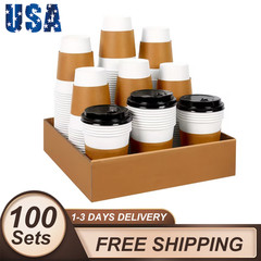 100 Sets 12Oz Leak-Proof Paper Coffee Cups With Lids & Sleeves, Portable Cups