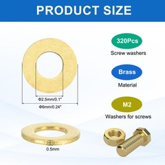 320Pcs Brass Flat Washer M2 2.5 x 6 x 0.5mm Fenders Washers Assortment