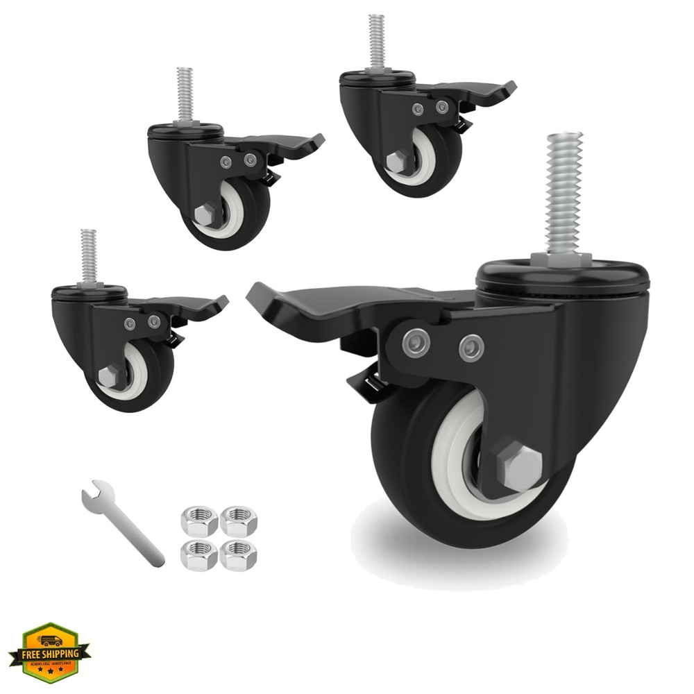 4pcs Stem Casters M8x25 with Brake Lock | 2 Inch Heavy Duty PU Rubber Swivel …