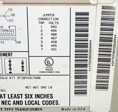 GE 75kVA 480V Transformer 3PH 60HZ 208Y/120V 9T23B3874 🟦