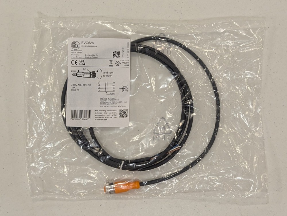IFM Efector EVC526 Cordset, Sensor Cable, Straight M12, 2 meter