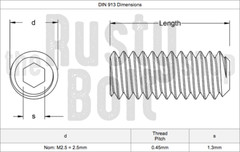 M2.5 x 3mm, Socket Set Screw Flat Point, A2 304 18-8 Stainless Steel