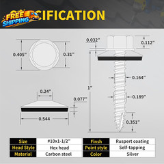 Metal Roofing Screws #10 X 1-1/2 300 PCS RUSPERT Hex Head Rubber Washer Sheet