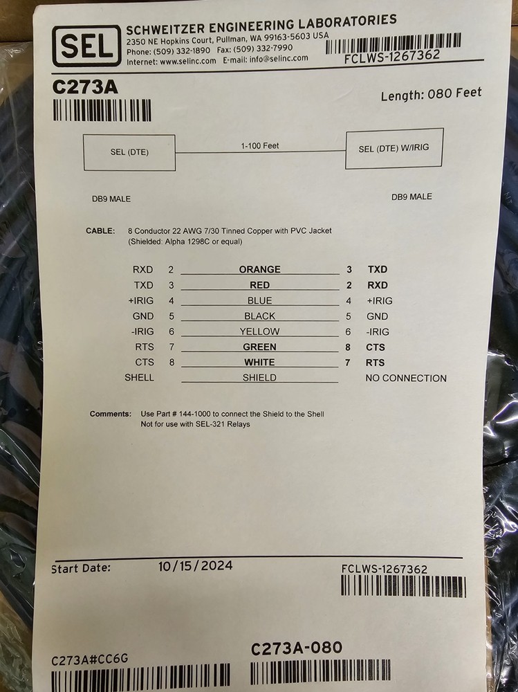 Schweitzer SEL C273A DTE Data Cable DB9 Male/DB9 Male – 80 ft