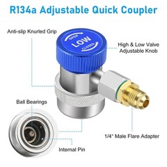 R134A Quick Coupler Adapter, Adjustable Car HP & LP Fitting with 2x 1/4″ Flare