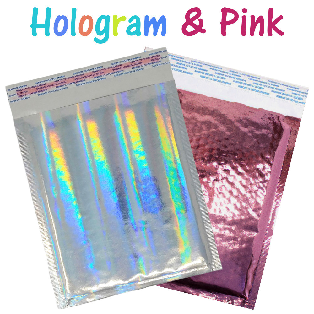 6×10 Pink & Hologram Metallic Bubble Mailers Holographic Air Shipping Envelopes