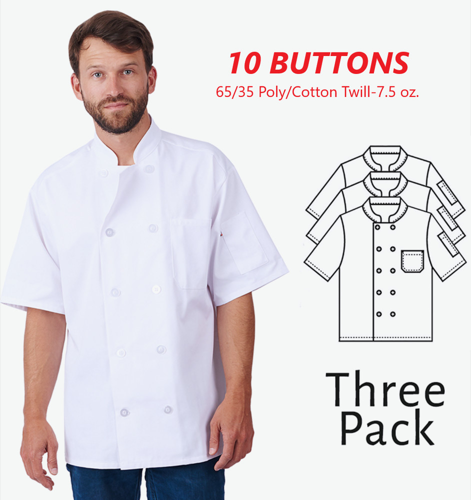 HiLite Classic White Unisex Short Sleeve Chef Coat -540WH (3 Pack)