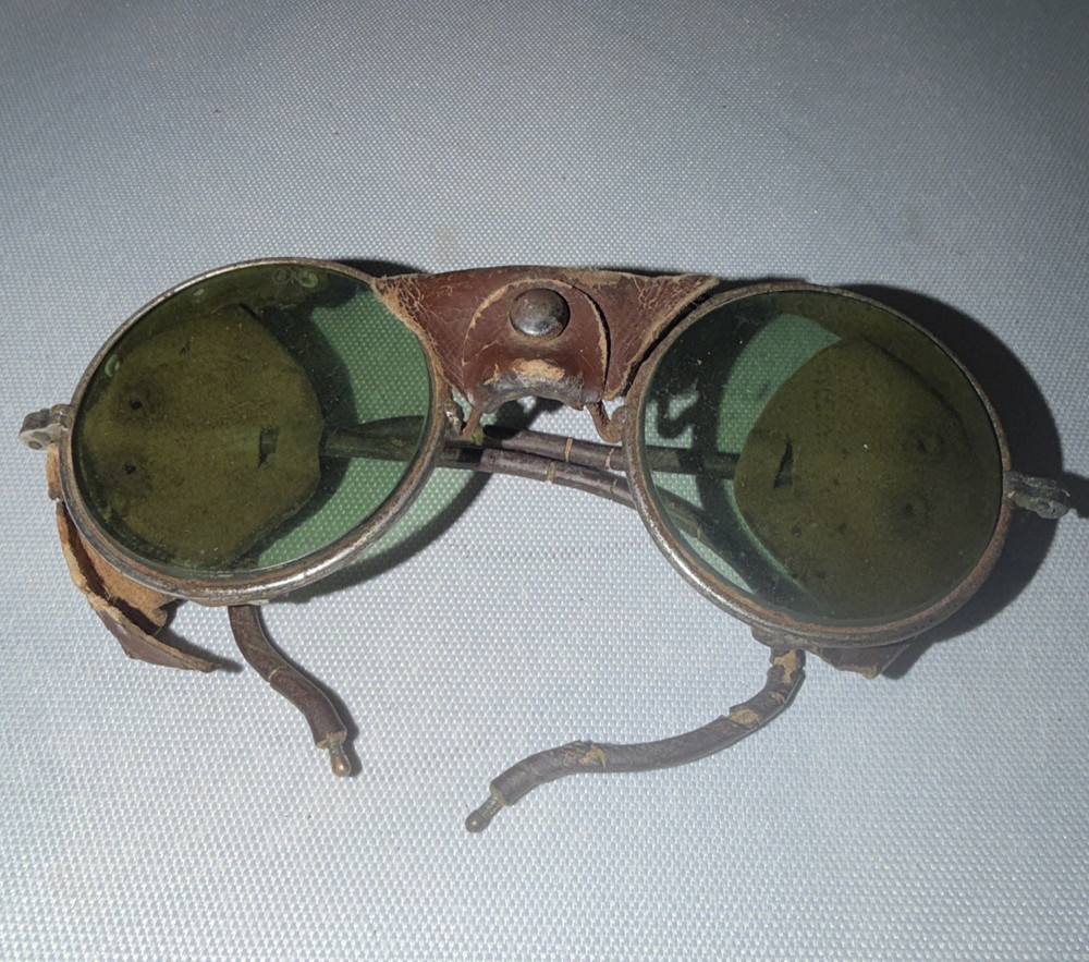 Vintage Welding Goggles Green Anti-Glare Glass Lenses Metal Frame Leather