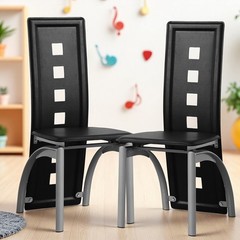 4pcs Dining Chairs – High Back Square Cutout Design, Chrome Legs & PU Leather