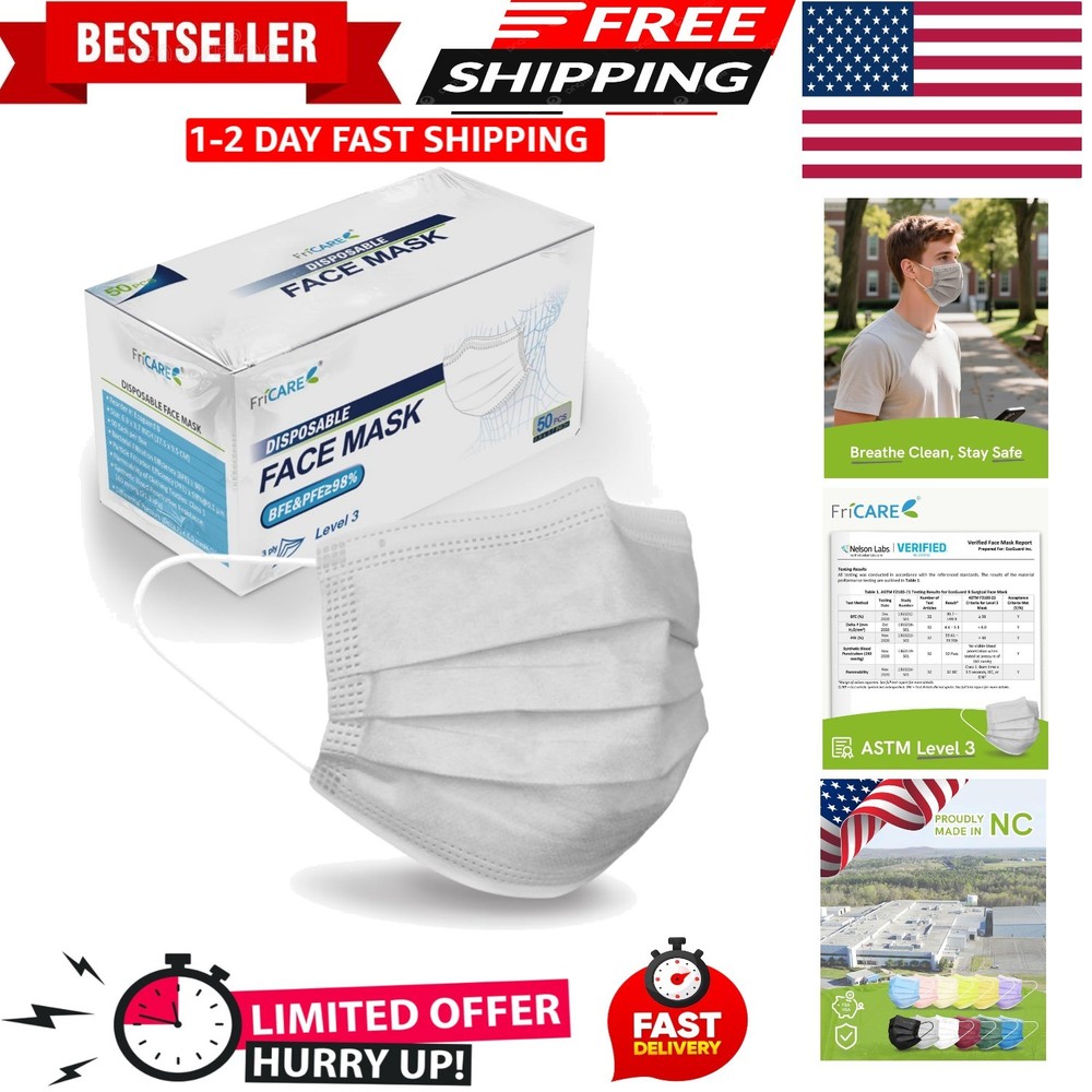 50-Pack Disposable 3-Ply ASTM Level 3 Face Masks – Comfortable & Stylish in Gray