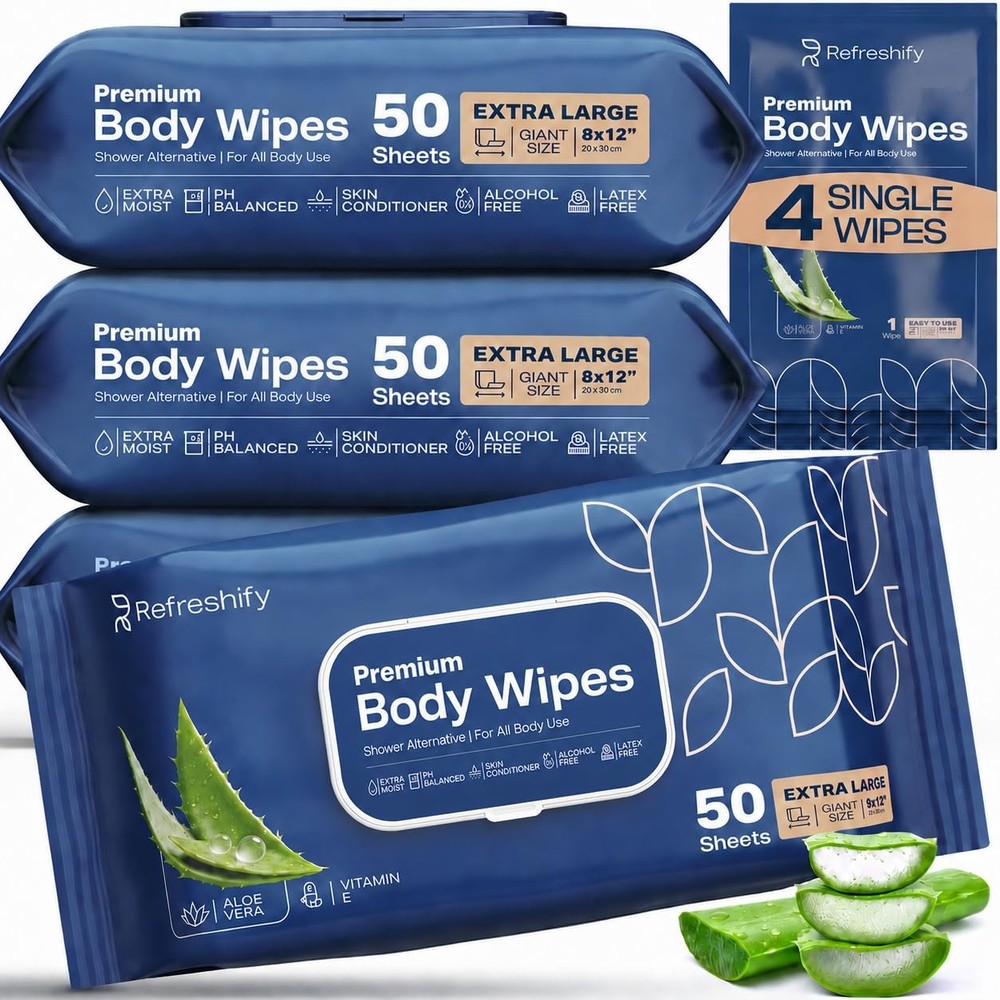 Body Wipes for Adults Bathing No Rinse, XL Shower 1 Count (Pack of 200)