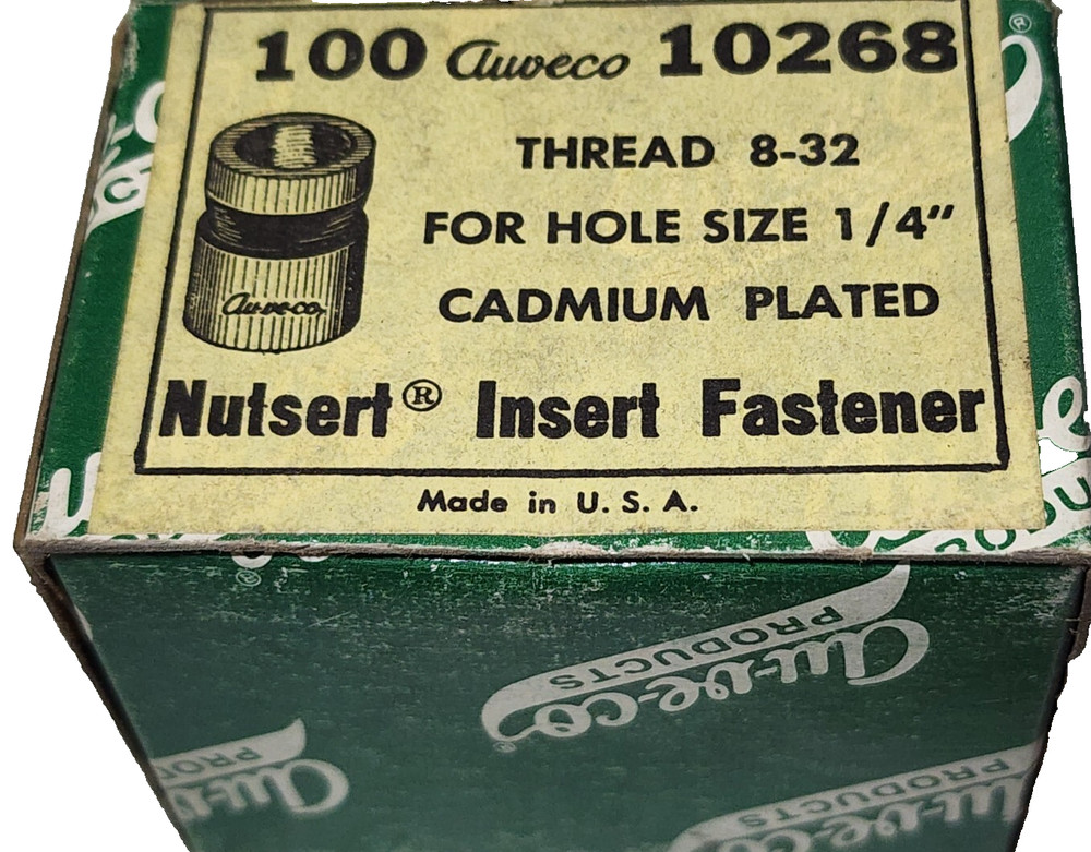 (QTY:100) AUVECO 10268, 8-32 NUTSERT INSERT 1/4 HOLE STEEL TIN PLATED GRIP 0.030