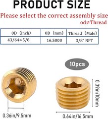 10 PCS 3/8″ NPT Male Pipe Plug Fitting Set Brass Hex Counter Sunk Pipe Plug for