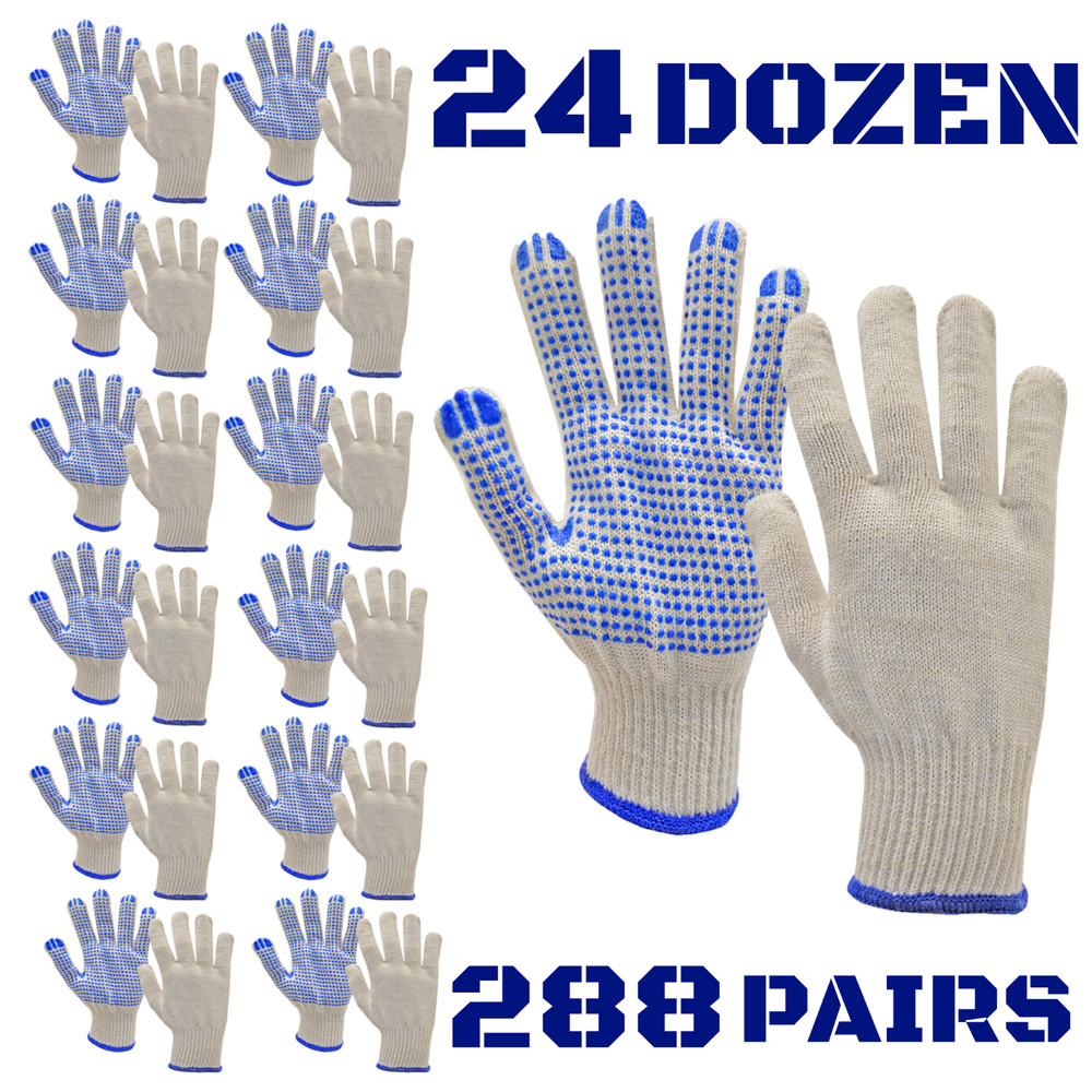 Palm PVC-Dotted String Knit Work Gloves LOT Natural White/Blue 288 Pairs