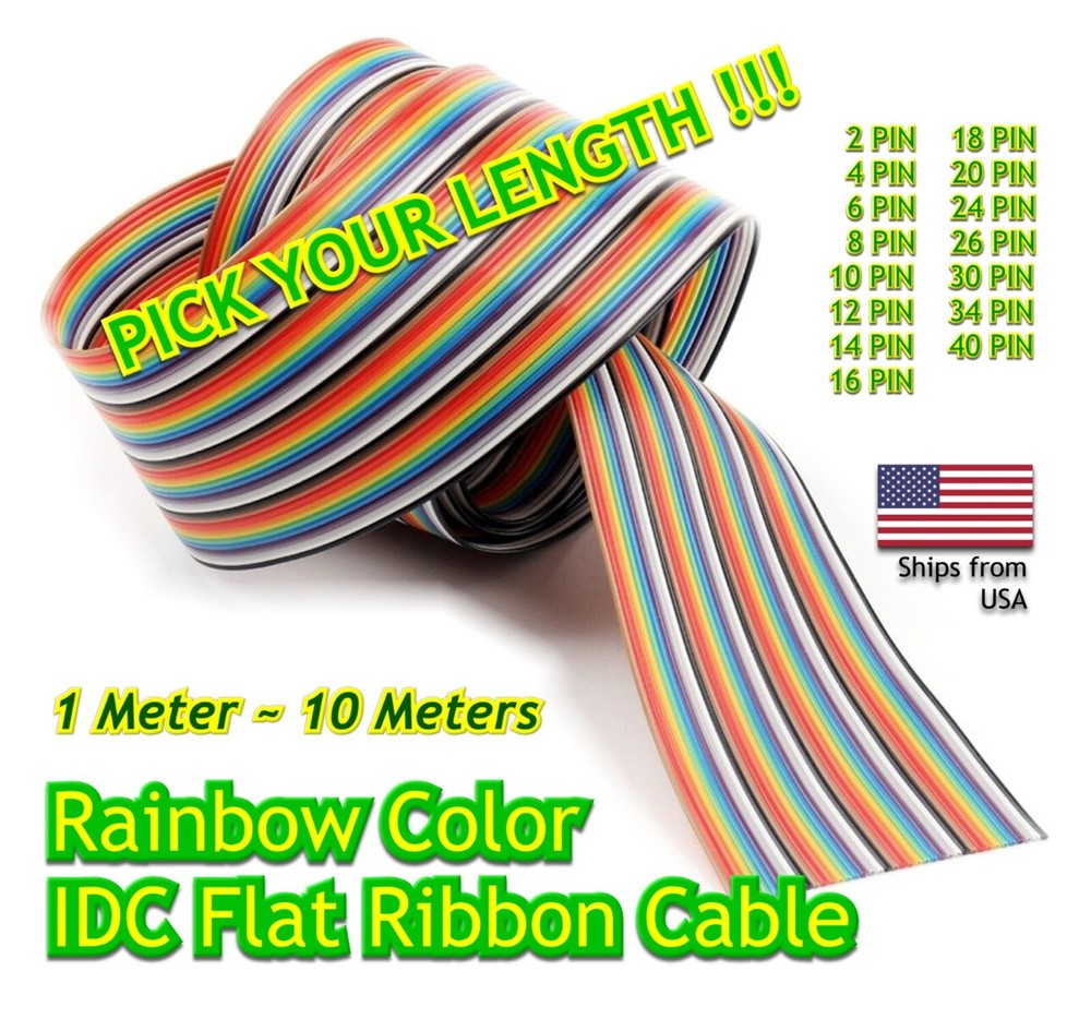 1M ~ 10M – Flat Rainbow Ribbon IDC Cable Wire Cable – 2 to 40 PINS (wires)