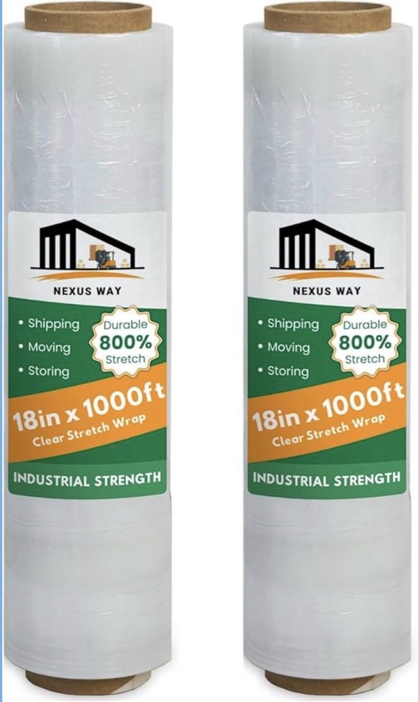 Stretch Wrap 18in x 1000ft Clear Pallet Wrap Industrial Shipping Moving 2 Rolls