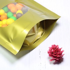 Smell-Proof Glossy Gold Stand-Up Zip Seal Pouch w/ Window in Many QTY (6.3×8.7″)