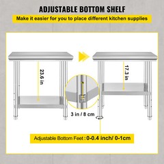 VEVOR 24″x30″ Stainless Steel Work Prep Table Commercial Kitchen w/ Undershelf