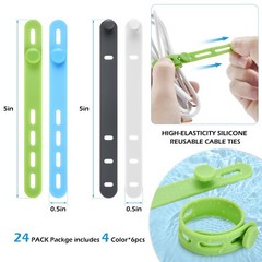 24 Pcs Silicone Cable Ties, Wire Cord 0.5*5in, White, Gray, Green, Blue