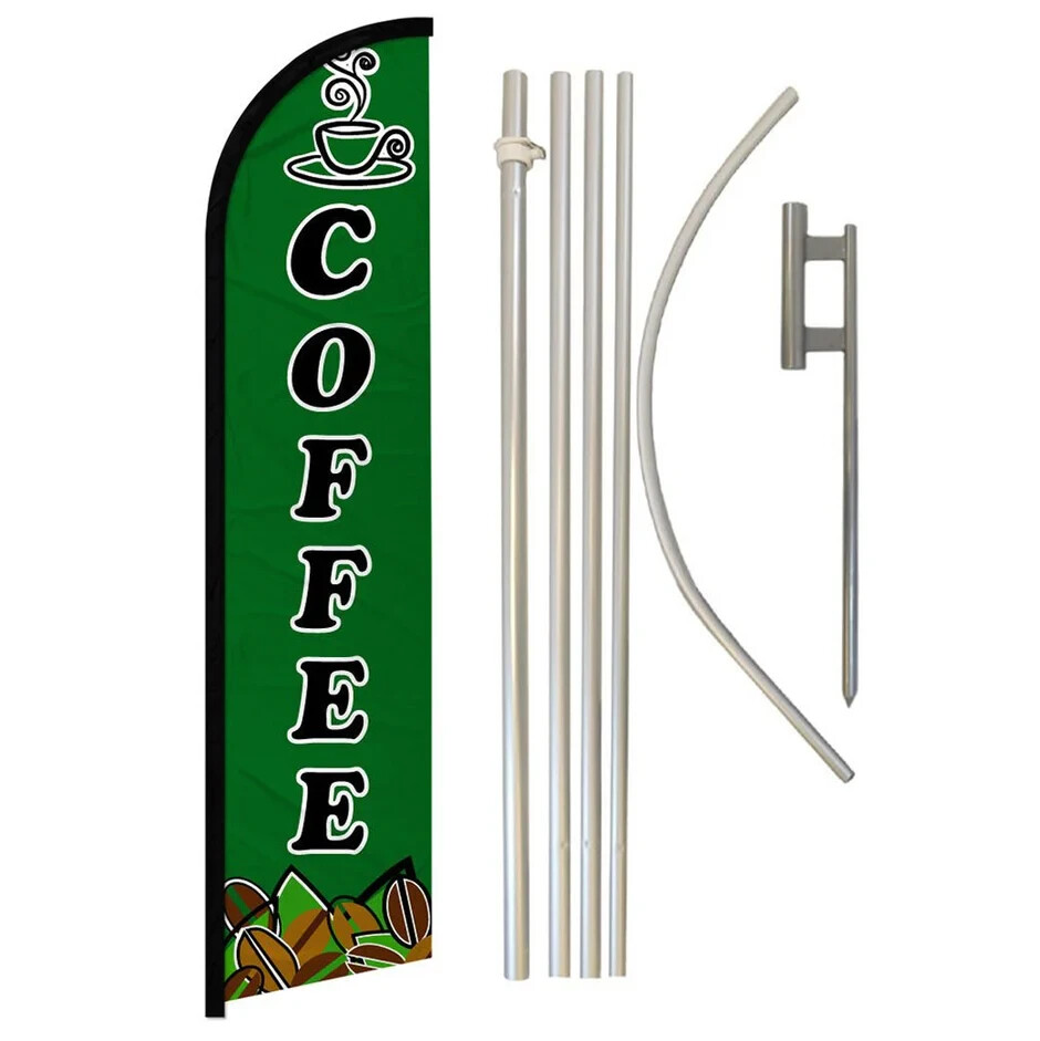 Coffee Windless Full Curve Advertising Beverage Banner Flag & Pole Kit