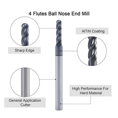 5Pc 4Flute 3/32″ x 1/8″ x 3/8″ x 1-1/2″ Ball Nose Carbide End Mills AlTiN Coated