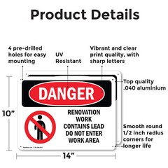 (2 Pack) Renovation Work Contains Lead Do Not Enter OSHA Danger Sign Decal Metal