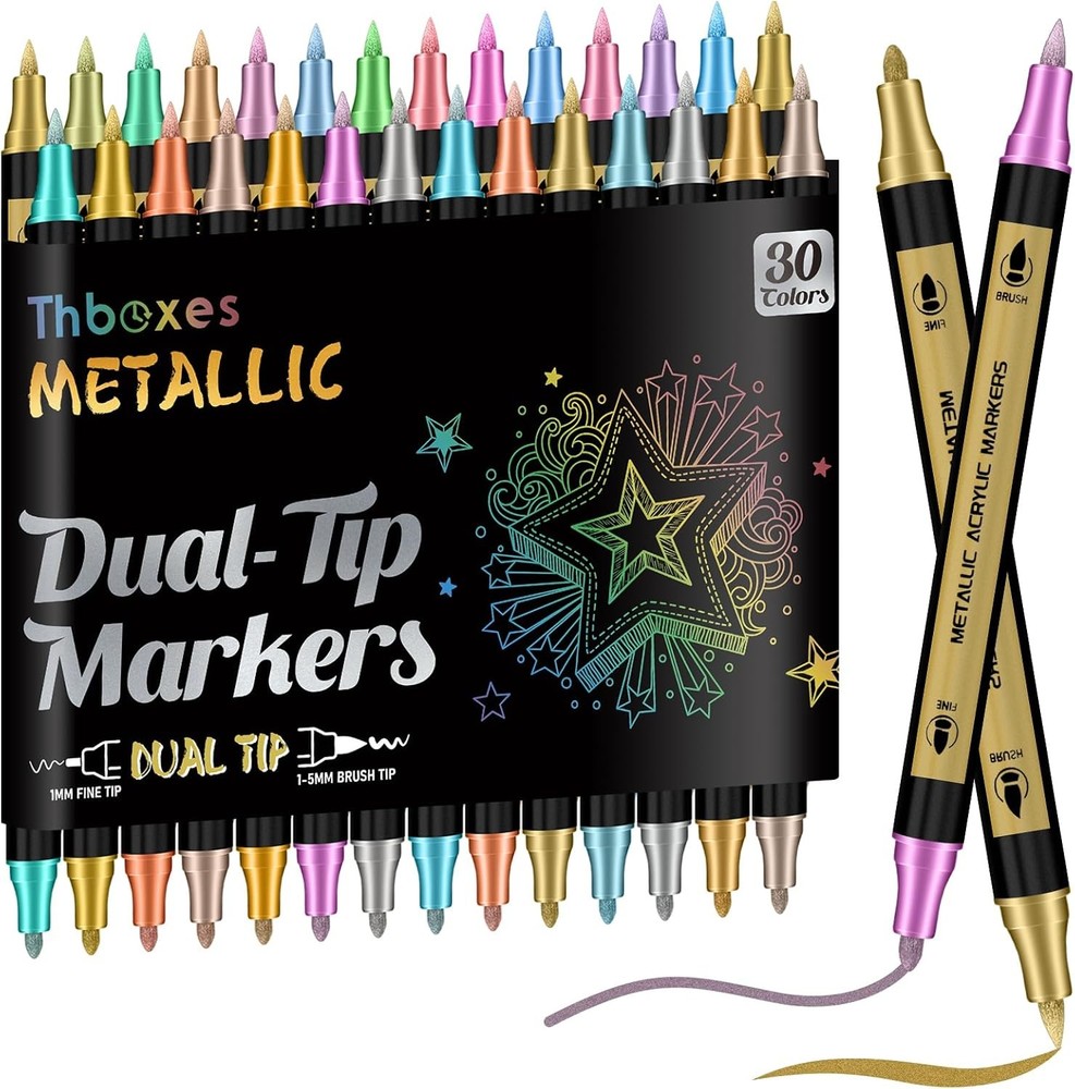 30 Colors Metallic Marker Pens, Dual Tip Acrylic Paint Pens for Scrapbook Black