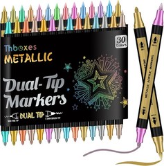 30 Colors Metallic Marker Pens, Dual Tip Acrylic Paint Pens for Scrapbook Black