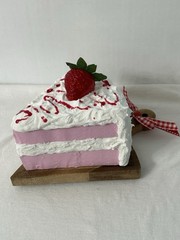 Handmade Faux Fake Food Strawberry Cake Slice On Wood Pie Board