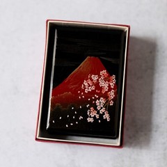 Vintage Lacquer Mount Fuji Cherry Blossom Business Card Holder Japan W/ Box