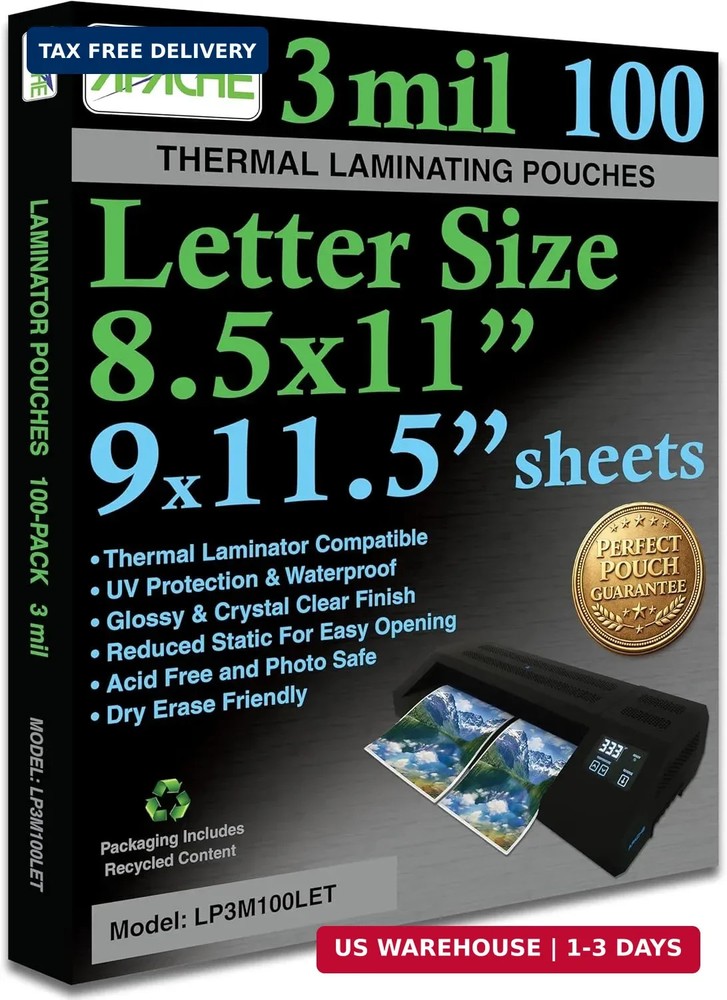 Apache Laminating Pouches 3 Mil, for 8.5 X 11 Inch Letter Size Paper 9 X 11.5 In