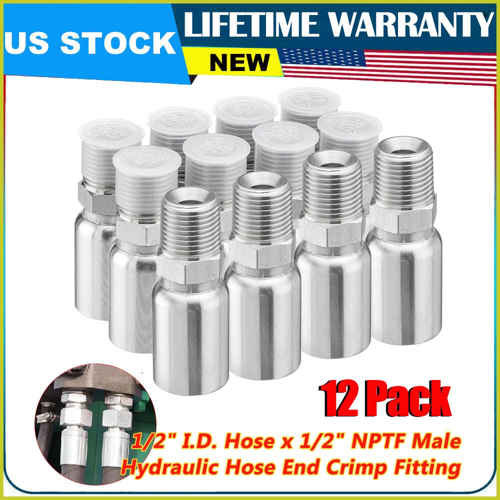 12-Pack 1/2″ Hose x 1/2″ NPTF Male Pipe Thread Hydraulic Hose End Crimp Fittings
