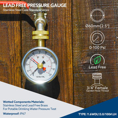0-100 Psi Water Pressure Gauge Test with Lazy Hand, Lead-Free, 2-1/2″ Dial Size,