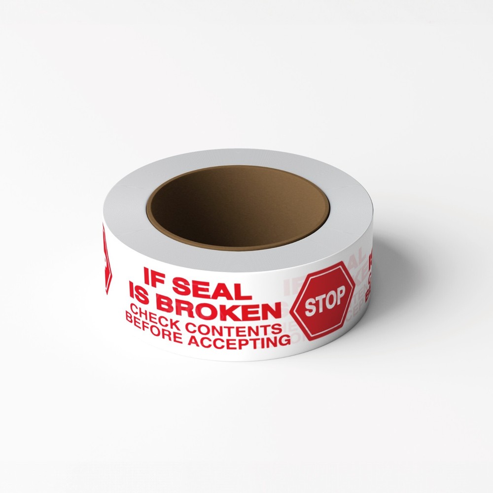 ‘STOP IF SEAL IS BROKEN’ red letters on white tape, 2″x2milx110yd, 1 Roll
