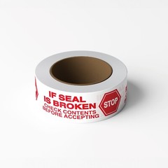 ‘STOP IF SEAL IS BROKEN’ red letters on white tape, 2″x2milx110yd, 1 Roll