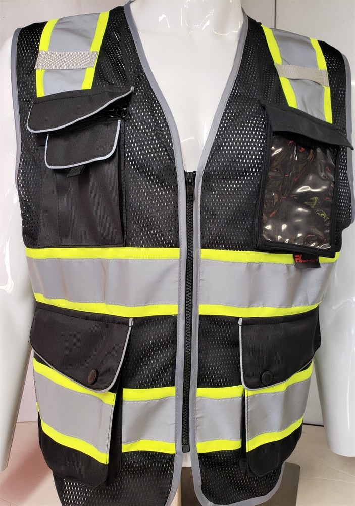 FX High Visibility Reflective BLACK OR BLUE Safety Vest w/ ID pocket FXSV8-BK