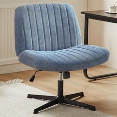 Office Desk Chair Wide Seat Swivel Adjustable Height Armless Blue Fabric