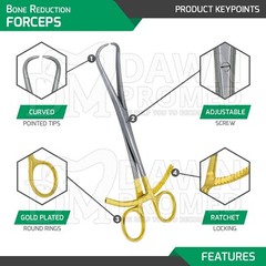 Bone Reduction Forceps 8″ Curved Pointed Tips Gold Plated Orthopedic German Gr