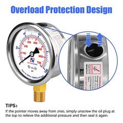 0-100 PSI Liquid Filled Pressure Gauge, 1/4″ NPT Lower Mount, 2.5″ Dial