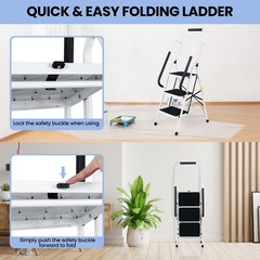 3 Step Ladder with Hankdrails, Portable Folding Step Stool with Safety Lock