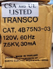 Transco 4B75N3-03 Neon Tube Light Transformer 7.5KV Pri: 120V Sec: 7500V 60Hz